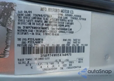 2005 Ford Crown Victoria Lx/Lx Sport z USA, uszkodzony, nr VIN 2FAFP74W05X168975